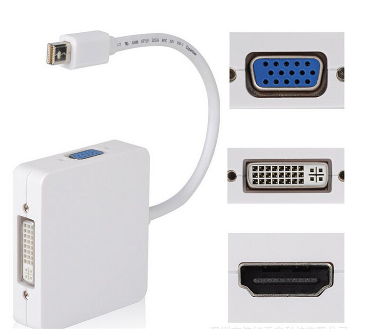 Picture of Mini DP Displayport to VGA+HDMI+DVI 3-in-1 converter cable Lightning Macbook