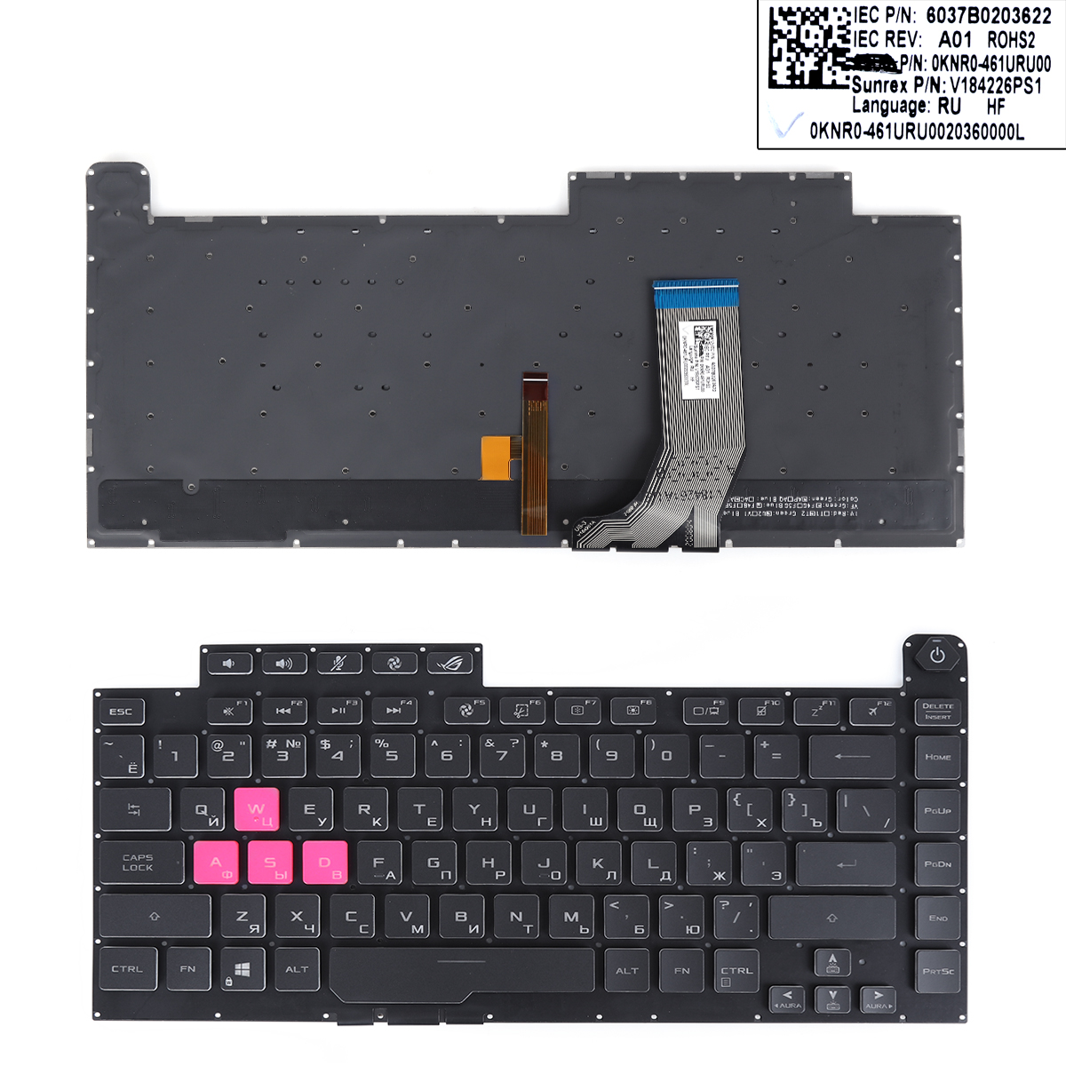 Picture of New Replacement Laptop Keyboard For Asus ROG Strix G531 G531G G531GT G15 G512 G512LV G512LW Black（Colorful backlit crystal keycaps，WASD is Pink） RU Layout