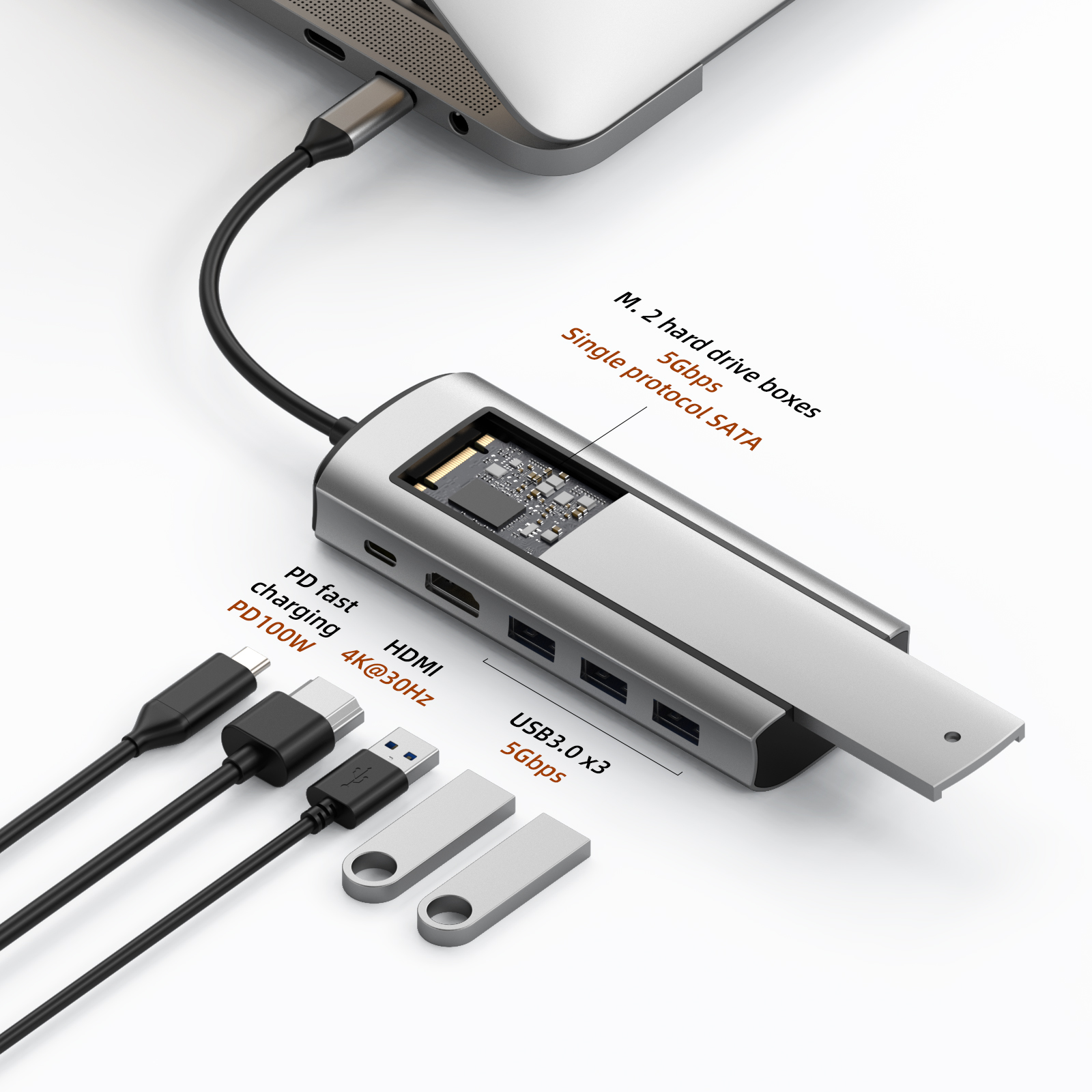 Picture of SSD hub 6 in 1 usb c hub Type-C to PD HD-MI USB3.0 USB2.0*2 SSD hard drive box single agreement