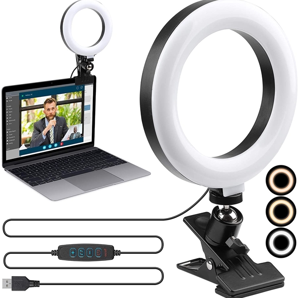 Picture of 6.3 Inch LED Ring Light with Clamp Mount for Desk, Laptop and Webcam, 3 Dimmable Color & 10 Brightness Level