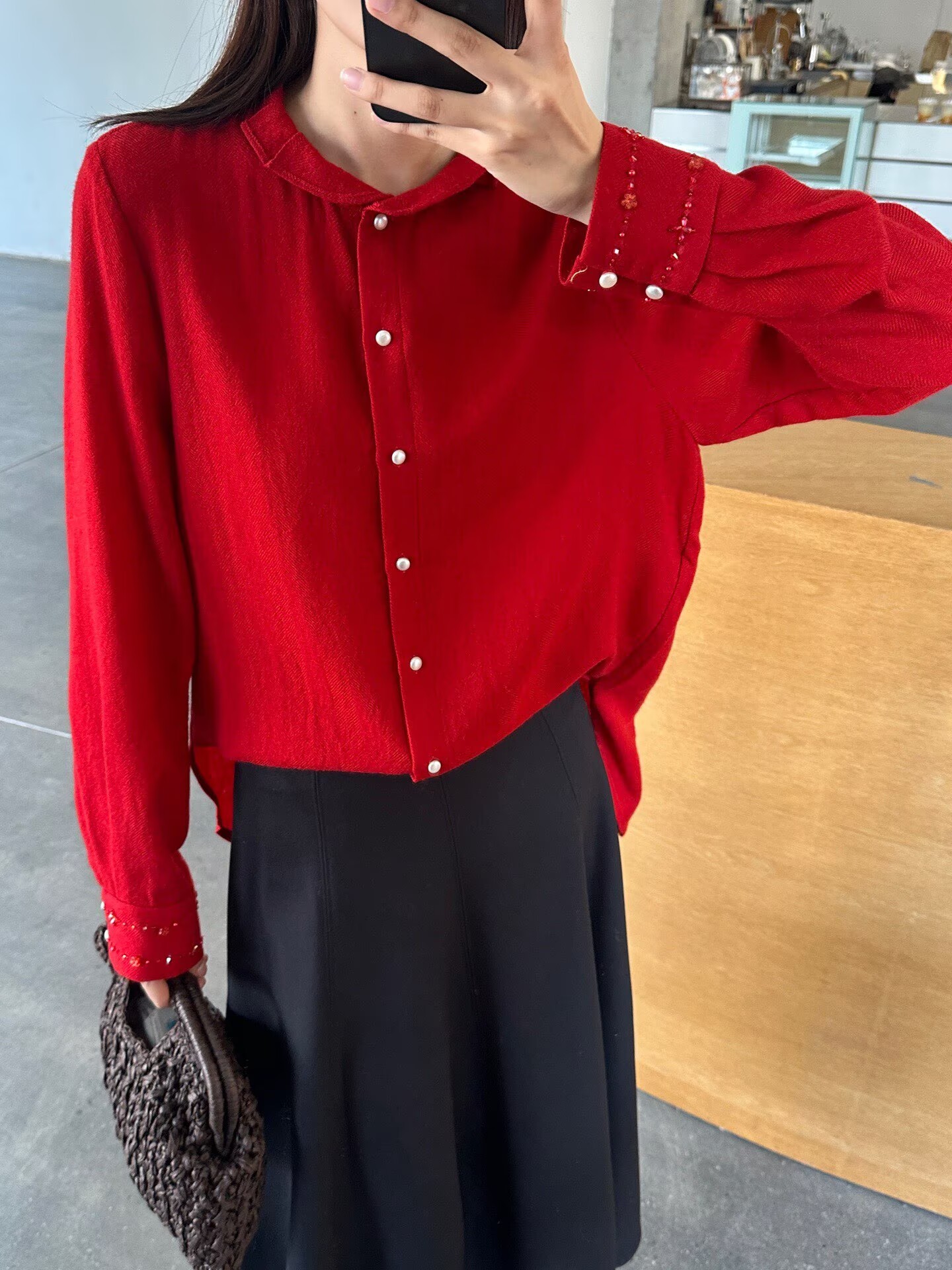 Beaded-Cuff Lace-Collar Australian Wool Shirt | Red White Yellow | S–XL