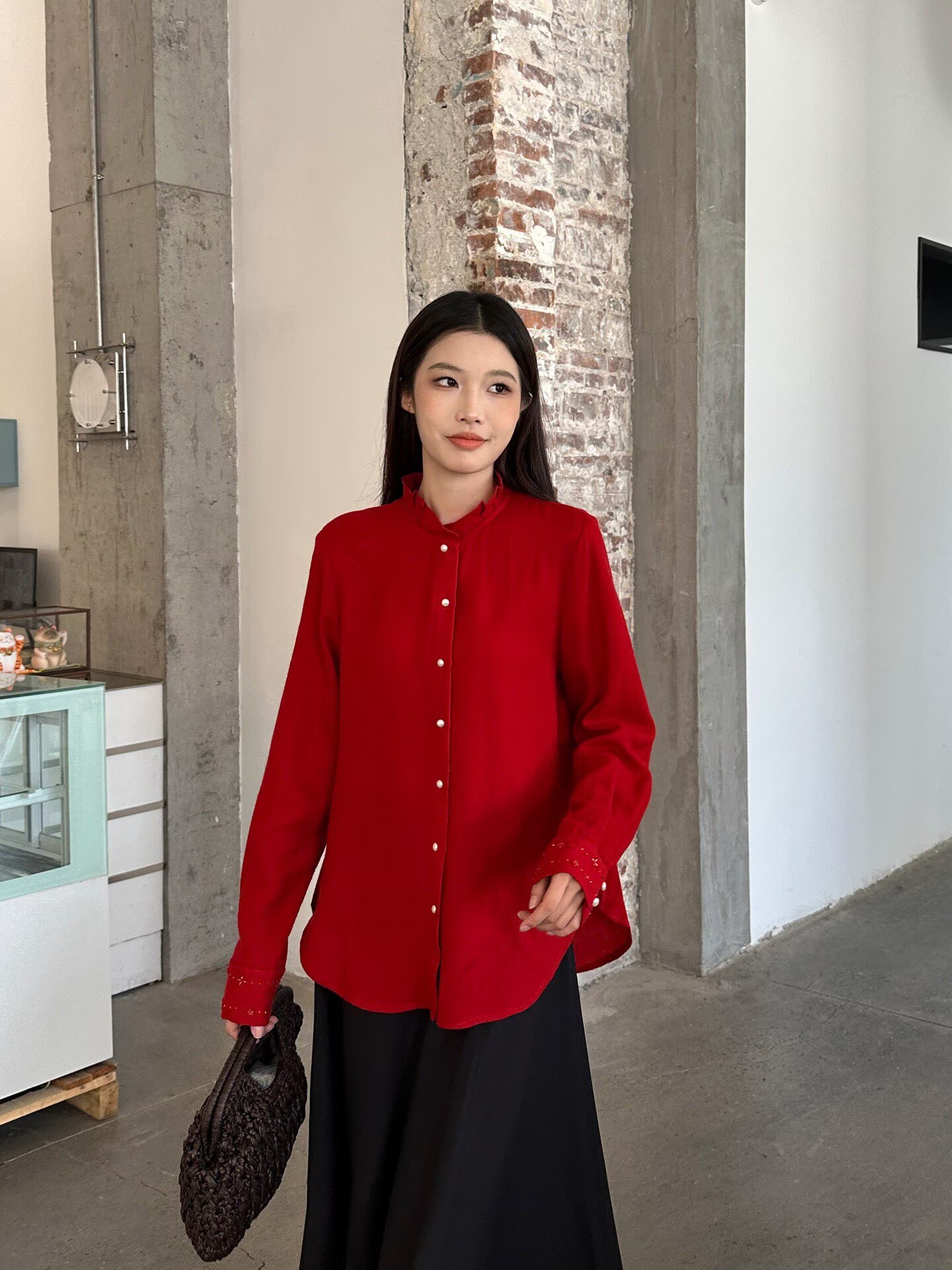 Beaded-Cuff Lace-Collar Australian Wool Shirt | Red White Yellow | S–XL