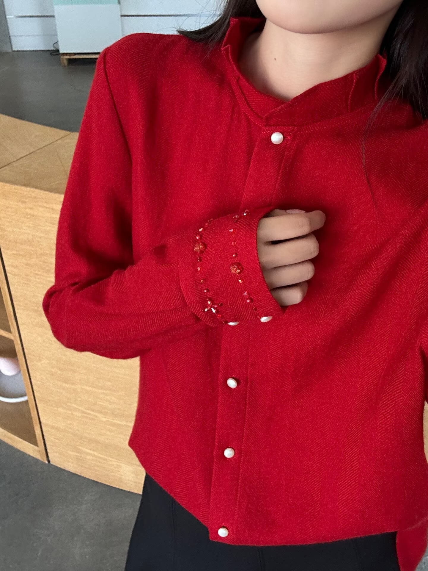 Beaded-Cuff Lace-Collar Australian Wool Shirt | Red White Yellow | S–XL