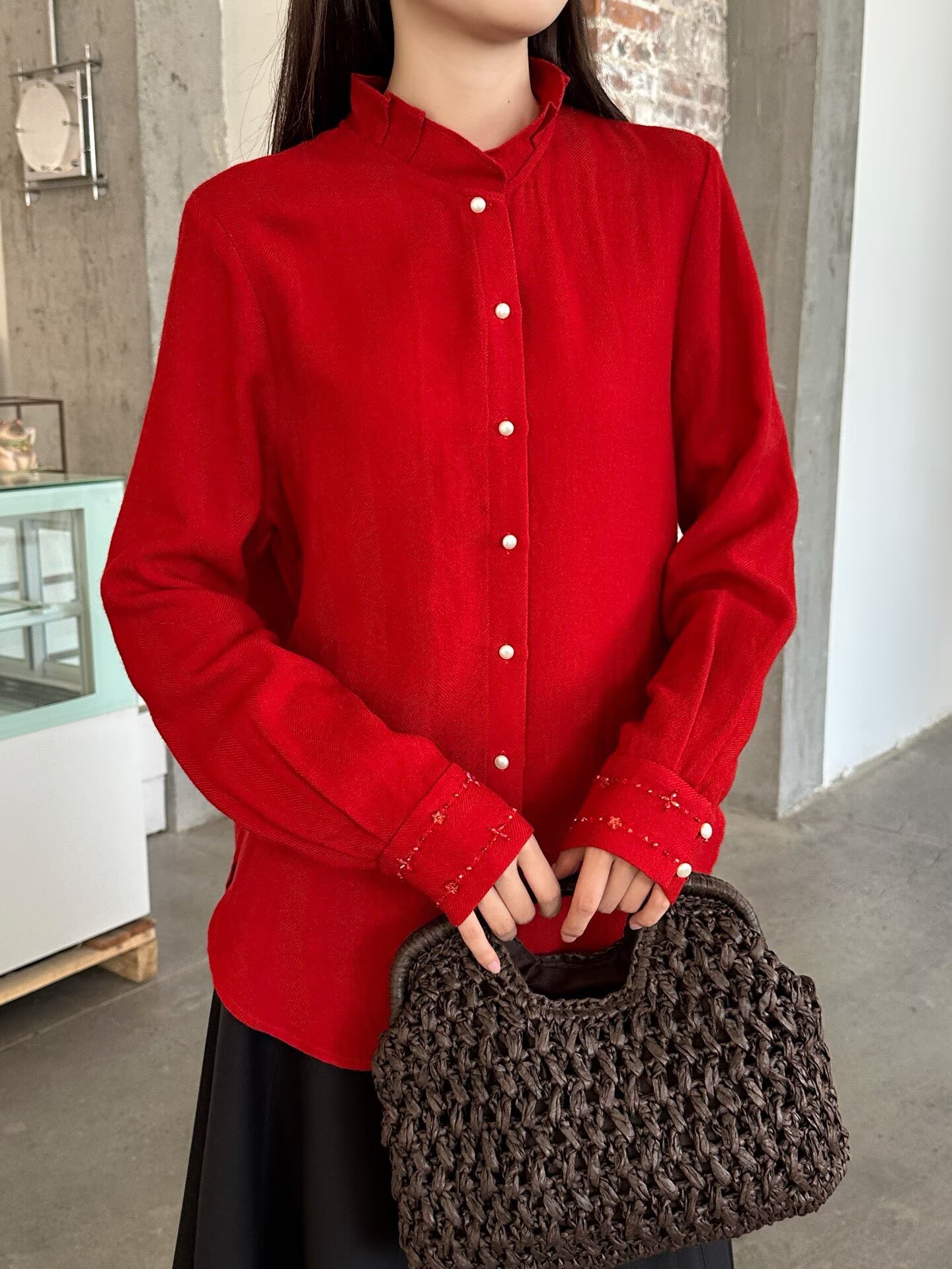 Beaded-Cuff Lace-Collar Australian Wool Shirt | Red White Yellow | S–XL