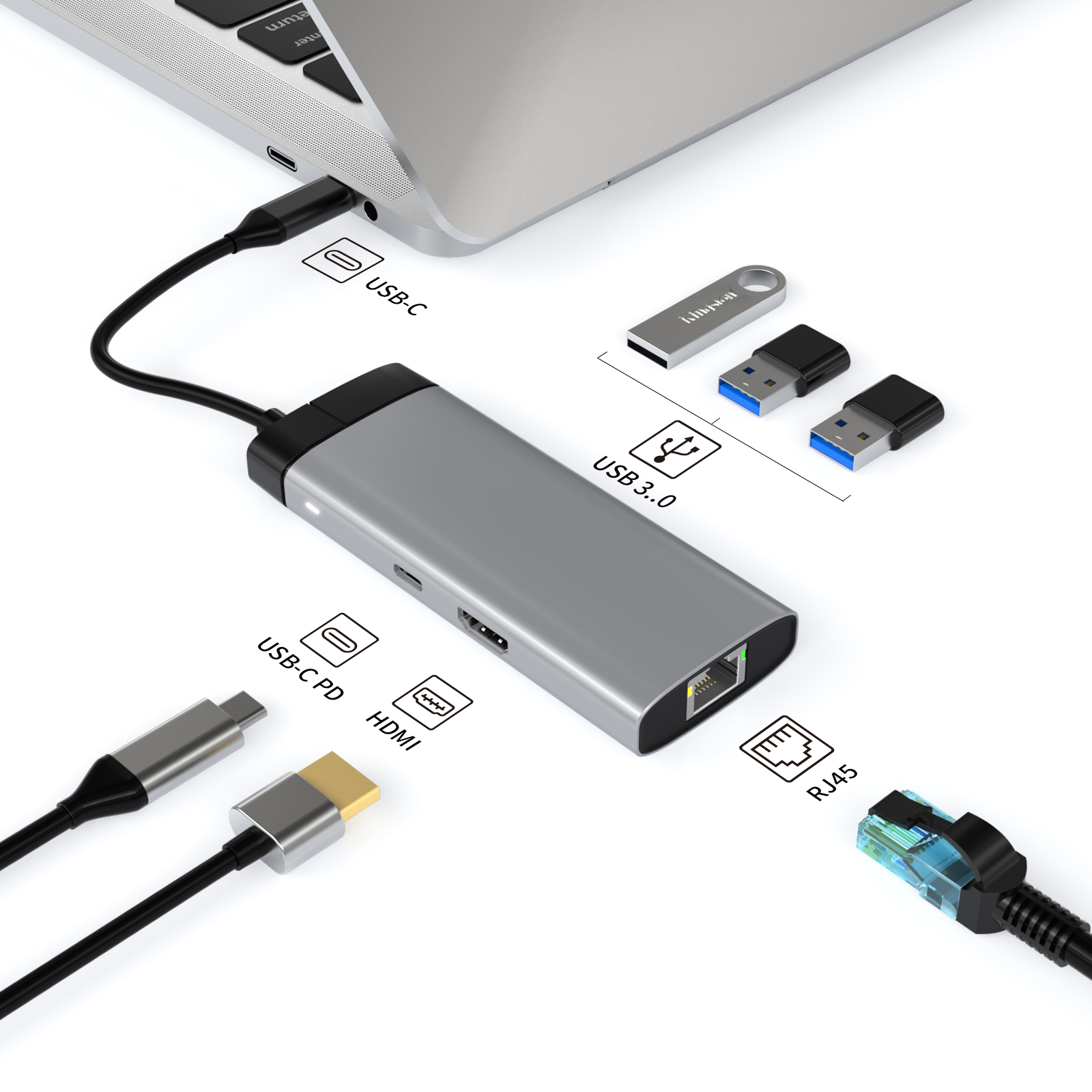 Picture of hub usb 6 in 1 usb c hub Type-C to PD 100W USB3.0*3 HD-MI RJ45 1000M Gigabit Ethernet port type c hub