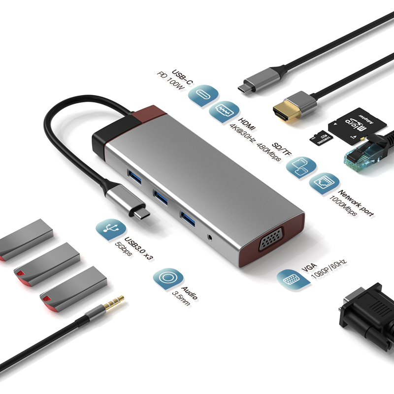 Picture of  usb c hub 10 in 1 hub Type-C to PD HD-MI USB3.0 USB2.0*2 SD TF RJ45 VGA AUDIO3.5mm audio for macbook