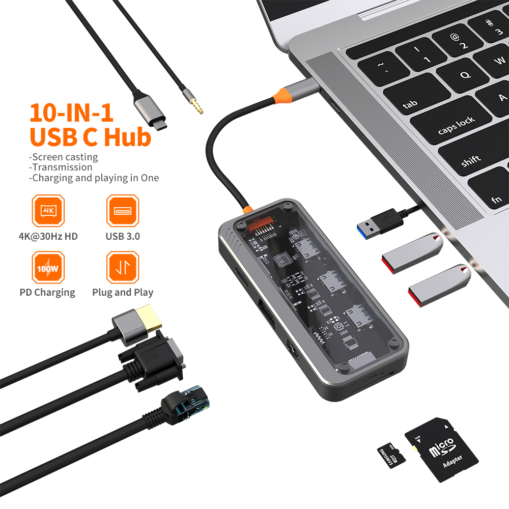 Picture of usb c hub 10 in 1 docking station Type-C to PD HD-MI USB3.0*3 SD TF ethernet RJ45 1000M VGA AUDIO3.5mm audio