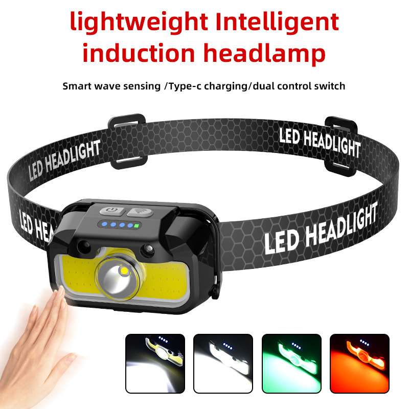 LED high-power outdoor running sensor headlight Type-c charging strong light COB portable fishing light