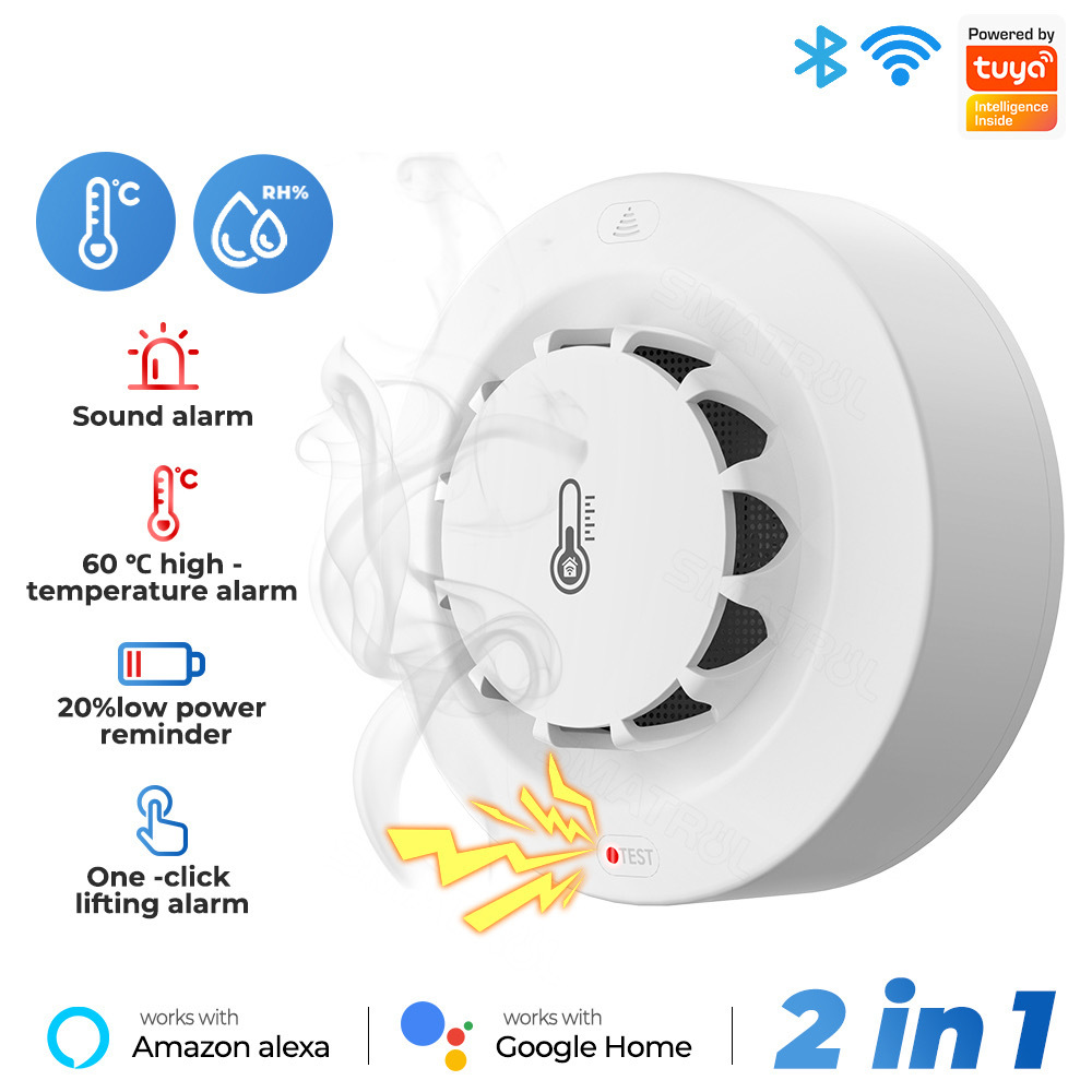 Picture of Tuya Temperature and Humidity Smoke alarm Graffiti Smoke sensor WiFi Smart smoke temperature and humidity detector Sound alarm High temperature alarm fire alarm One button lift alarm low power reminder
