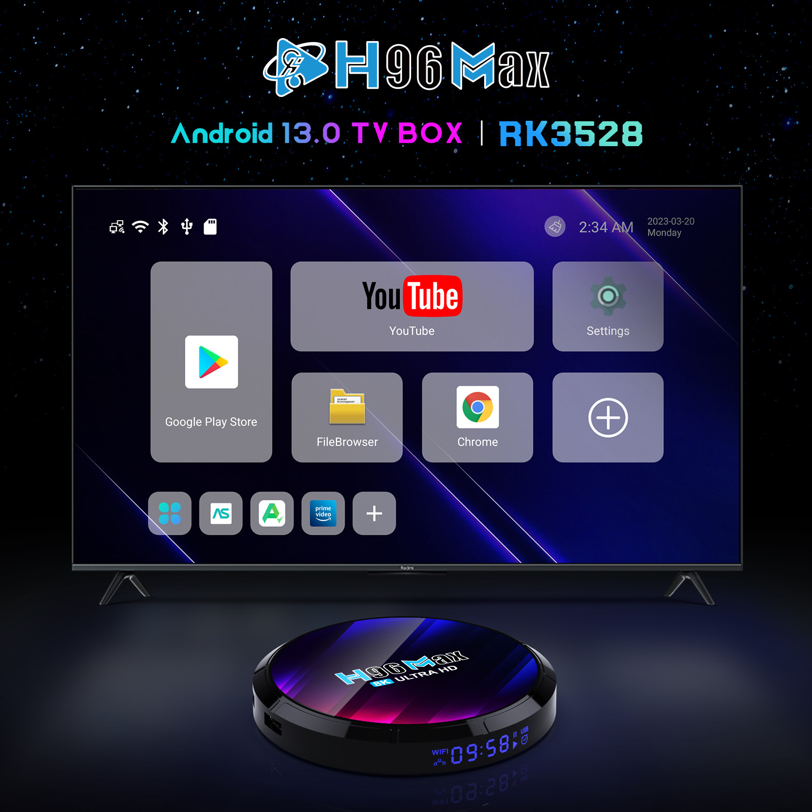 Picture of H96max network set-top box Rockchip RK3528 Android 13.0 WiFi6 ultra HD TV set-top box Bluetooth 5.0 HD network player support U disk TF card 4GB+32GB European regulations