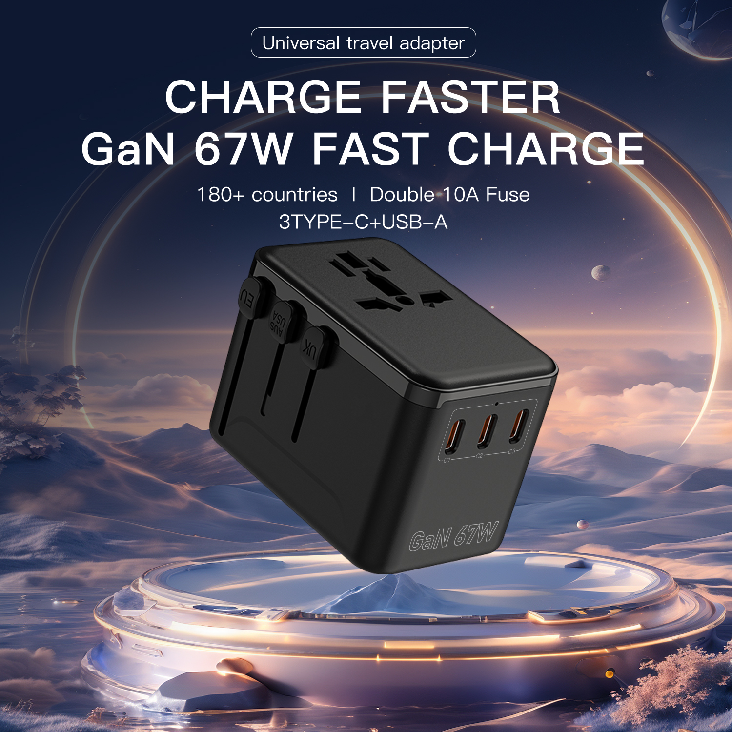 Picture of Gallium Nitride Fast Charge 67W PD+QC3.0 Travel Charging Plug Conversion Plug Multi functional Socket 2500W High Power 180+National Available 2X10A Fuse 3TYPE-C+USB-A