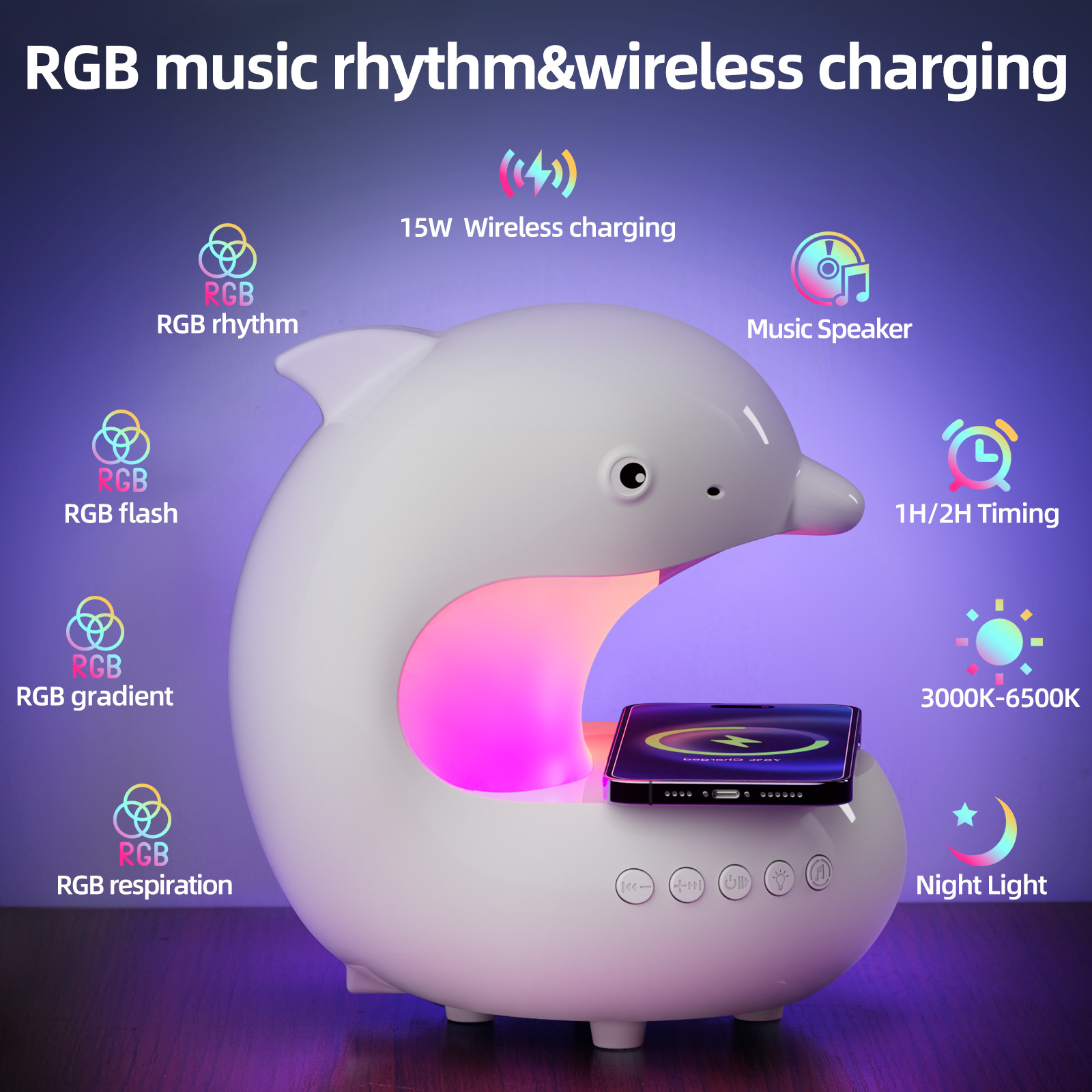 Mobile wireless charging night light bedroom bedside table lamp RGB Bluetooth ambient light dolphin battery charging model view 2