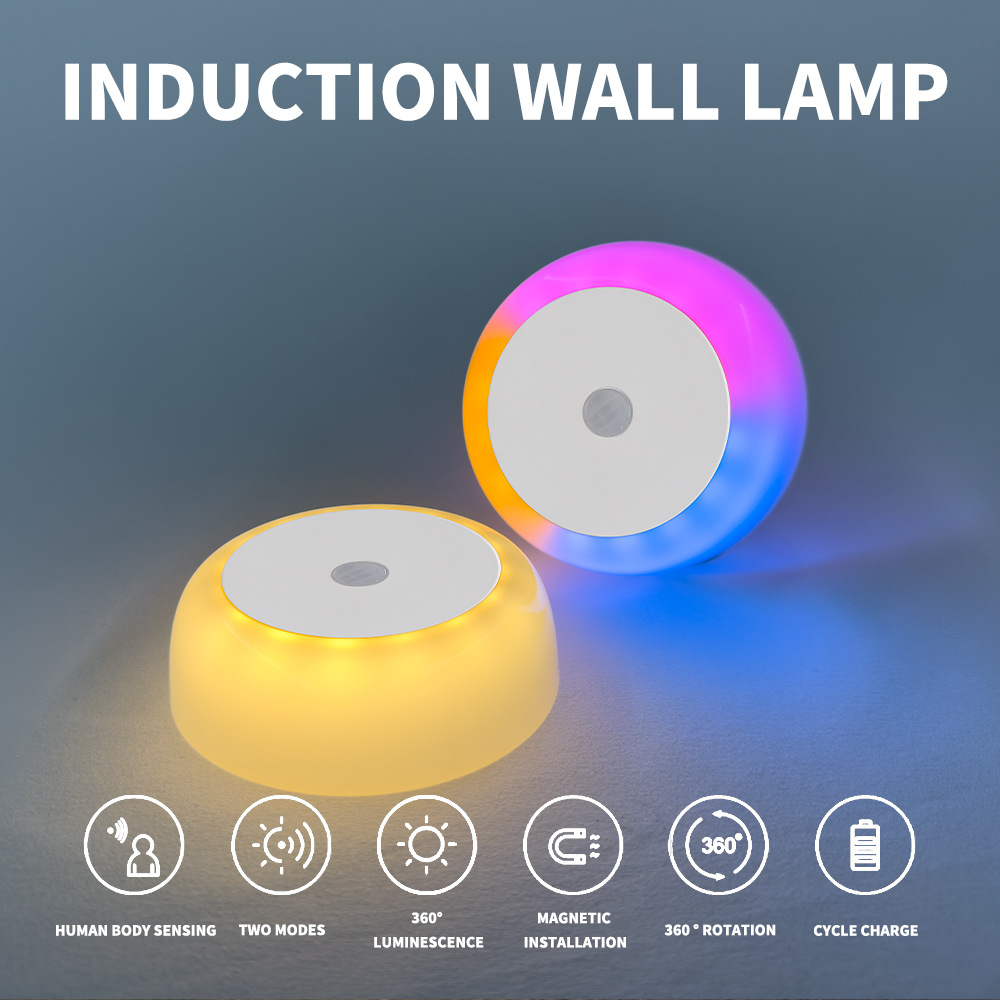 2 Pcs Circular wall lamp, small night light, human body induction, no wiring, magnetic base, special dimming
