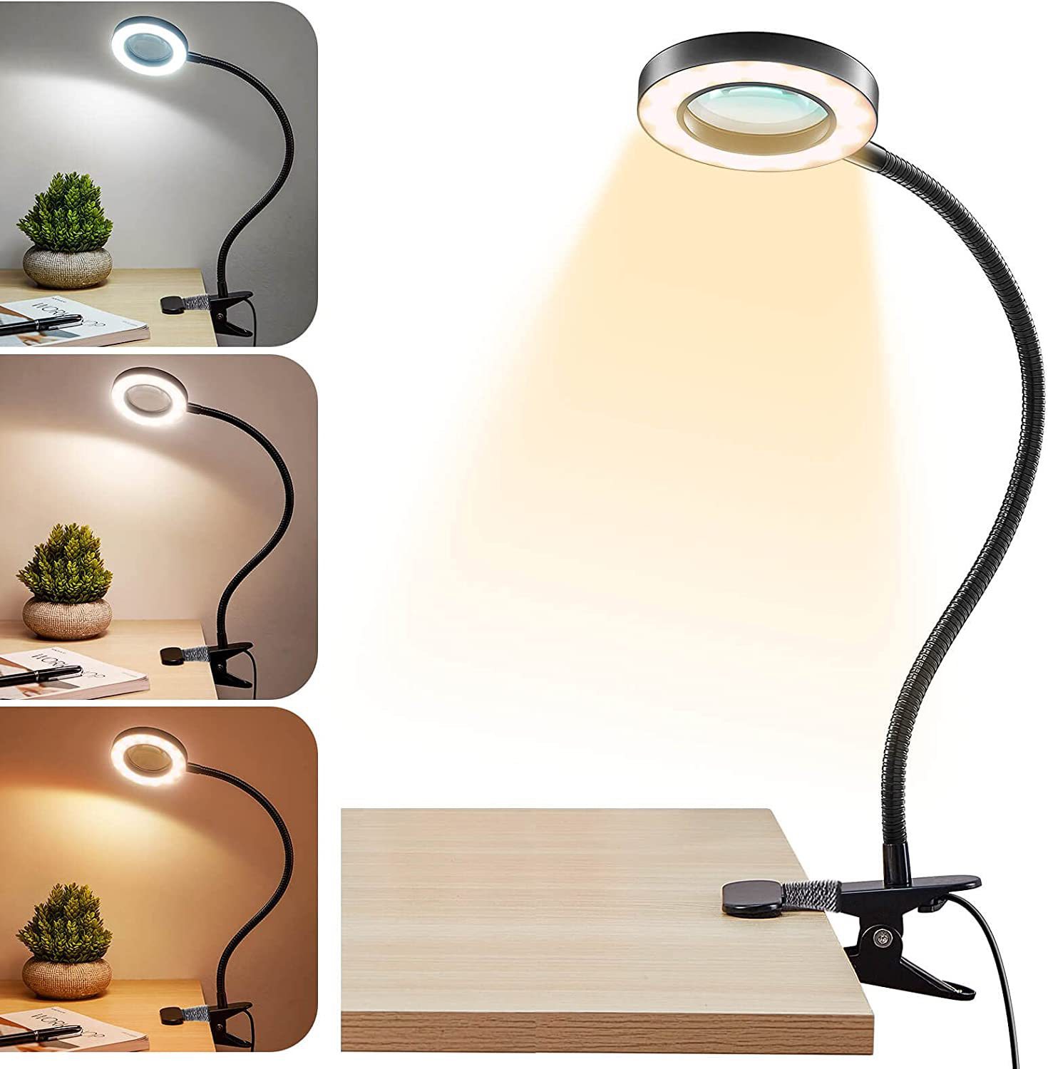 desk lamp with magnifying glass clip, tattoo beauty, learning, machine repair, work light, adjustable light and color, universal hose