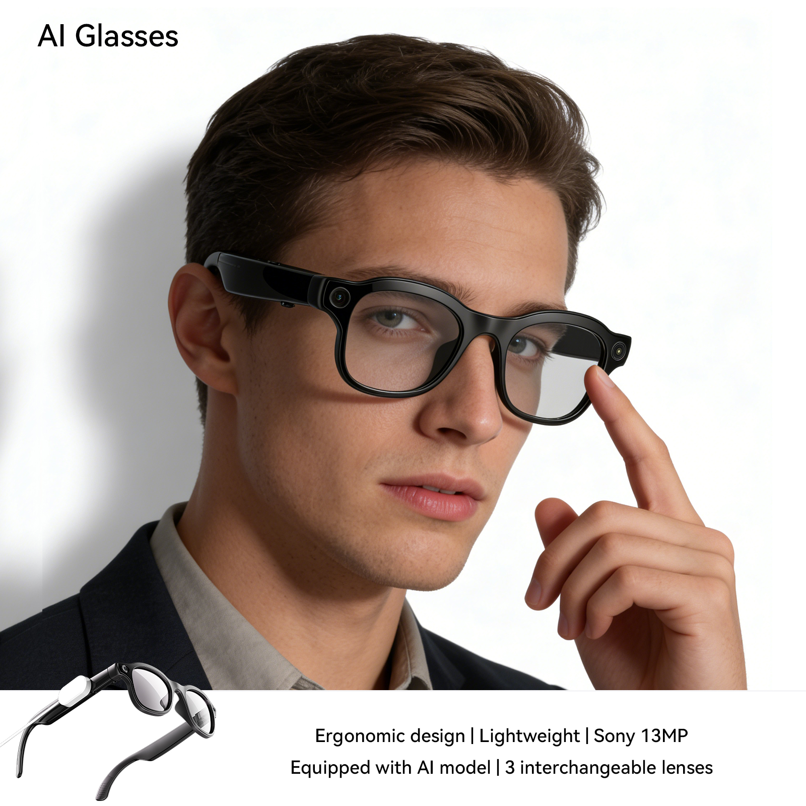 Picture of AI Smart Glasses with ChatGPT, 800MP Camera Photo Video, EIS Anti-shake, Bluetooth Call, Touch Control, 16GB Memory, Wireless Charging, 3 Interchangeable Lenses, Matte Black