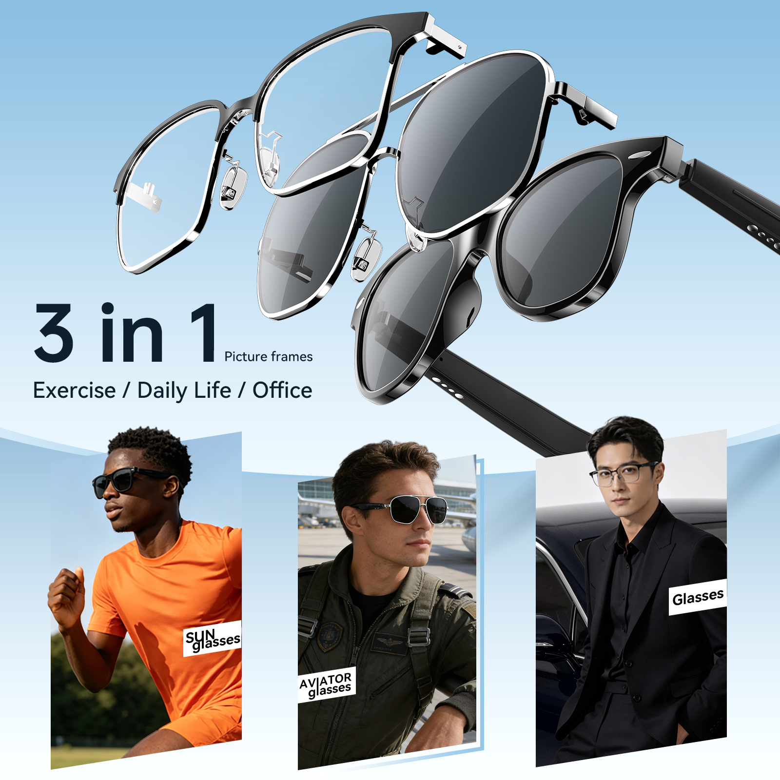 Picture of AI Smart Glasses with Bluetooth Call, ChatGPT-Powered Translation, Voice Recording & HiFi Sound - 38g Ultra-Light, 3 Interchangeable Frames, Magnetic Charging, 95% Noise Cancellation, Piano Black Pearl Gloss