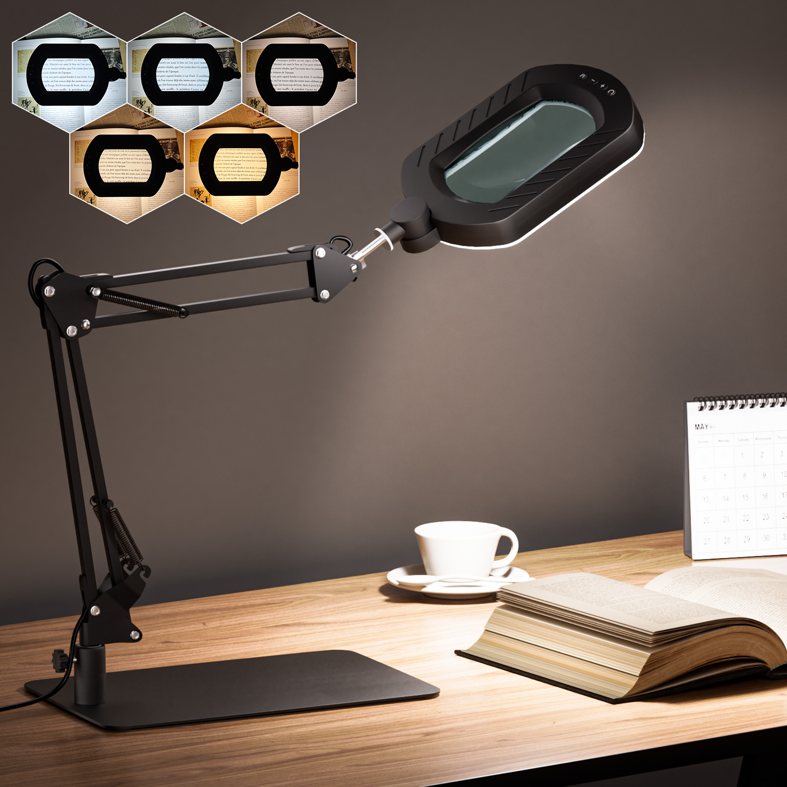 Picture of KIBTOY  12X Square Magnifying Glass with Light and Stand with 144 LEDs Brightiness, 5 Color Modes Hands Free Lighted Magnifying Glass, 10 Dimmable Brightness Magnifying Desk Lamp for Close Work Craft Reading