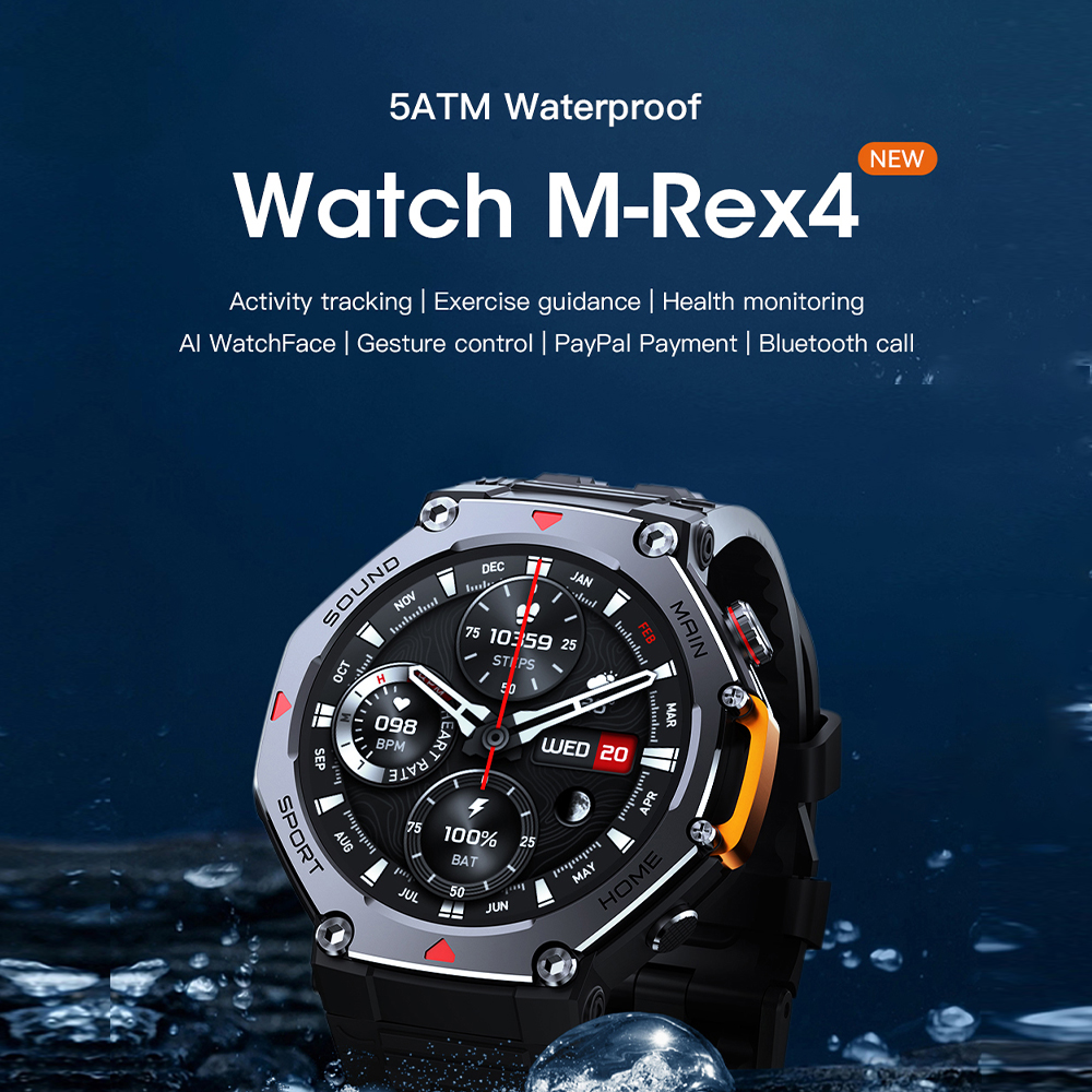 Picture of Black M-Rex4 Smart Watch, 1.43" 360×360 HD TFT Screen, 380mAh Wireless Charging, IP68 Waterproof, Bluetooth 5.4 Call, ChatGPT & 24H Full Health Monitor with 500+ Free Watch Faces