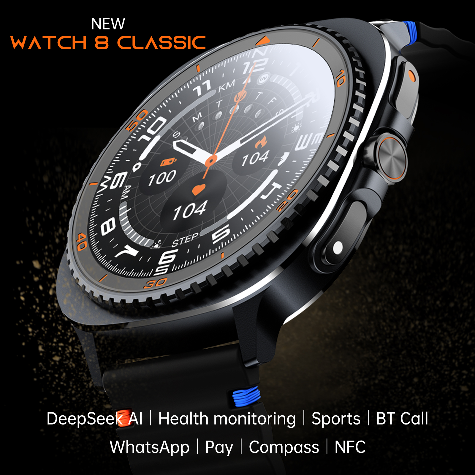 Picture of Black Watch Ultra 2 Smart Watch, 1.28" 360×360 IPS HD Screen, 400mAh Wireless Charging, IP68 Waterproof, Dual-Bluetooth 5.4, Triple AI Models (ChatGPT/Deepseek/Grok3), All-Round Health Monitor (Blood Glucose/Uric Acid/Sleep)