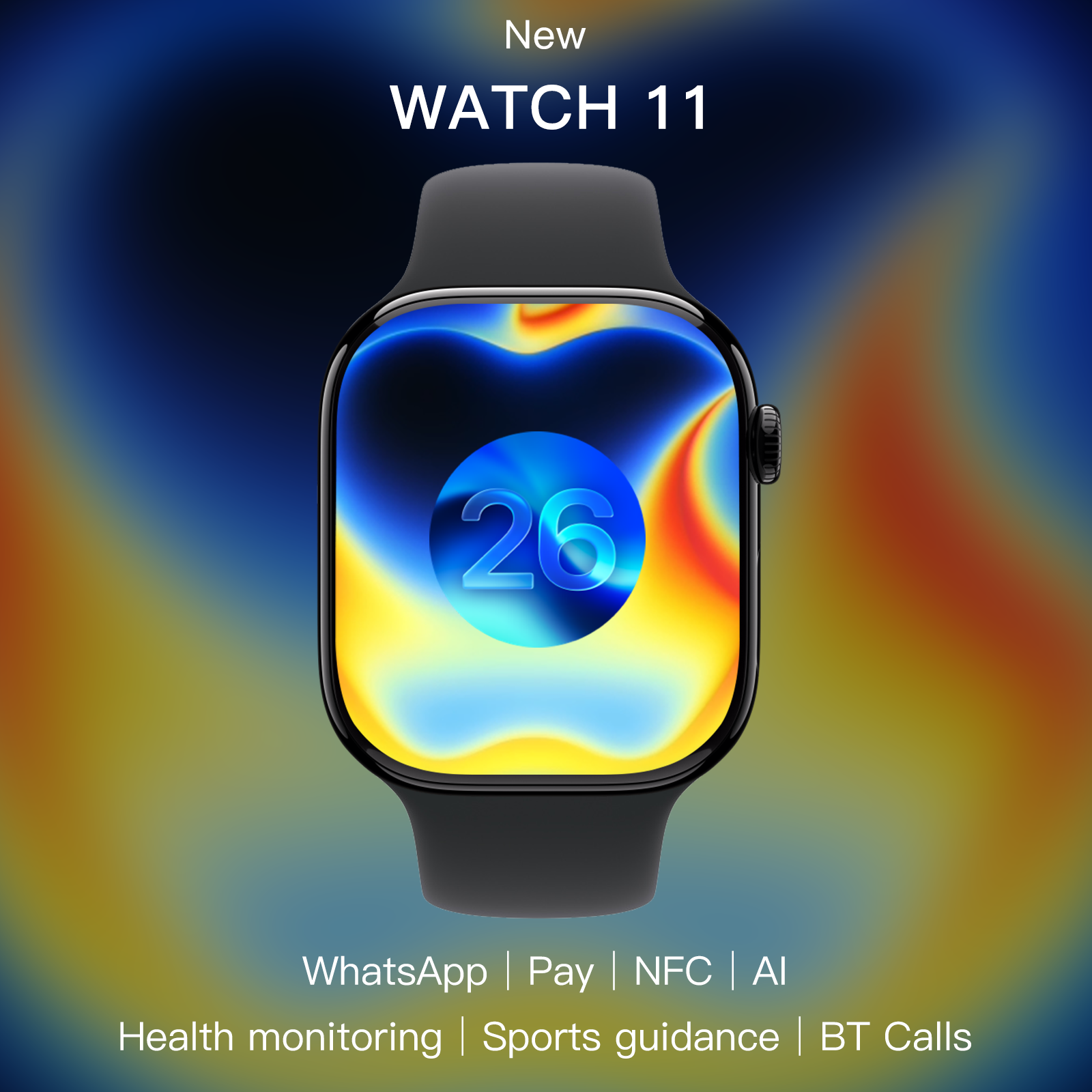 Picture of Black S11 Pro Smart Watch, IP68 swim-proof zinc alloy watch with 2.11-inch HD screen. Bluetooth 5.4 wireless charging supports call and music. Built-in ChatGPT, offline voice assistant, WhatsApp reply, GPS, NFC and 24H full health monitoring.
