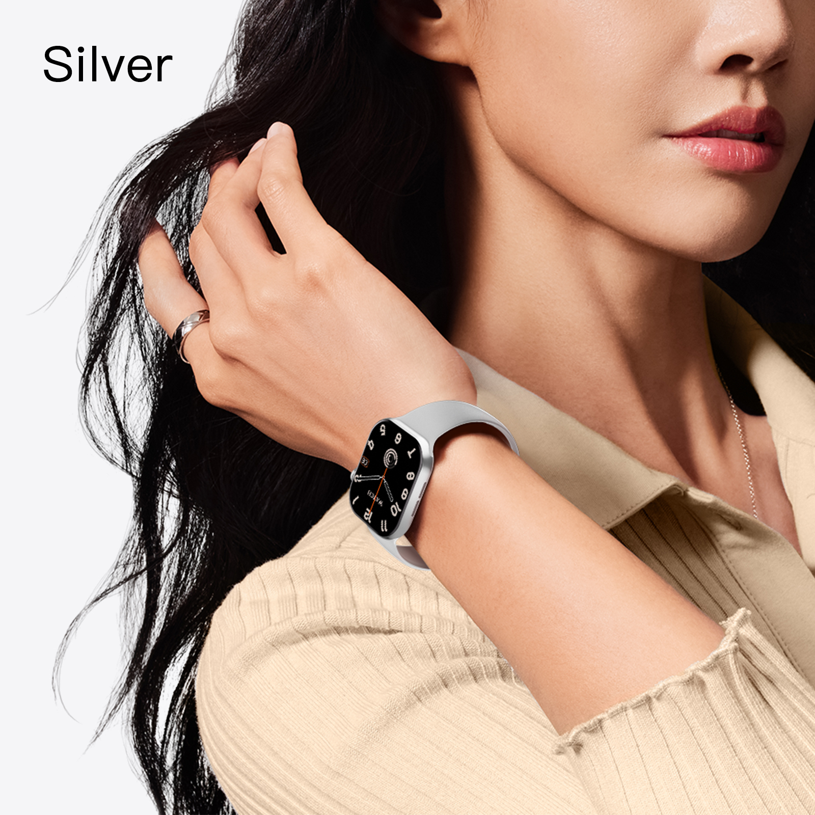 Picture of Silver Watch 11mini Smart Watch, 320*380 high-definition resolution display with delicate zinc alloy frame. Built-in 230mAh battery supporting wireless charging. Features customizable menu, pinch call answer, intelligent translation, noise detection, compass and multiple practical sports functions.