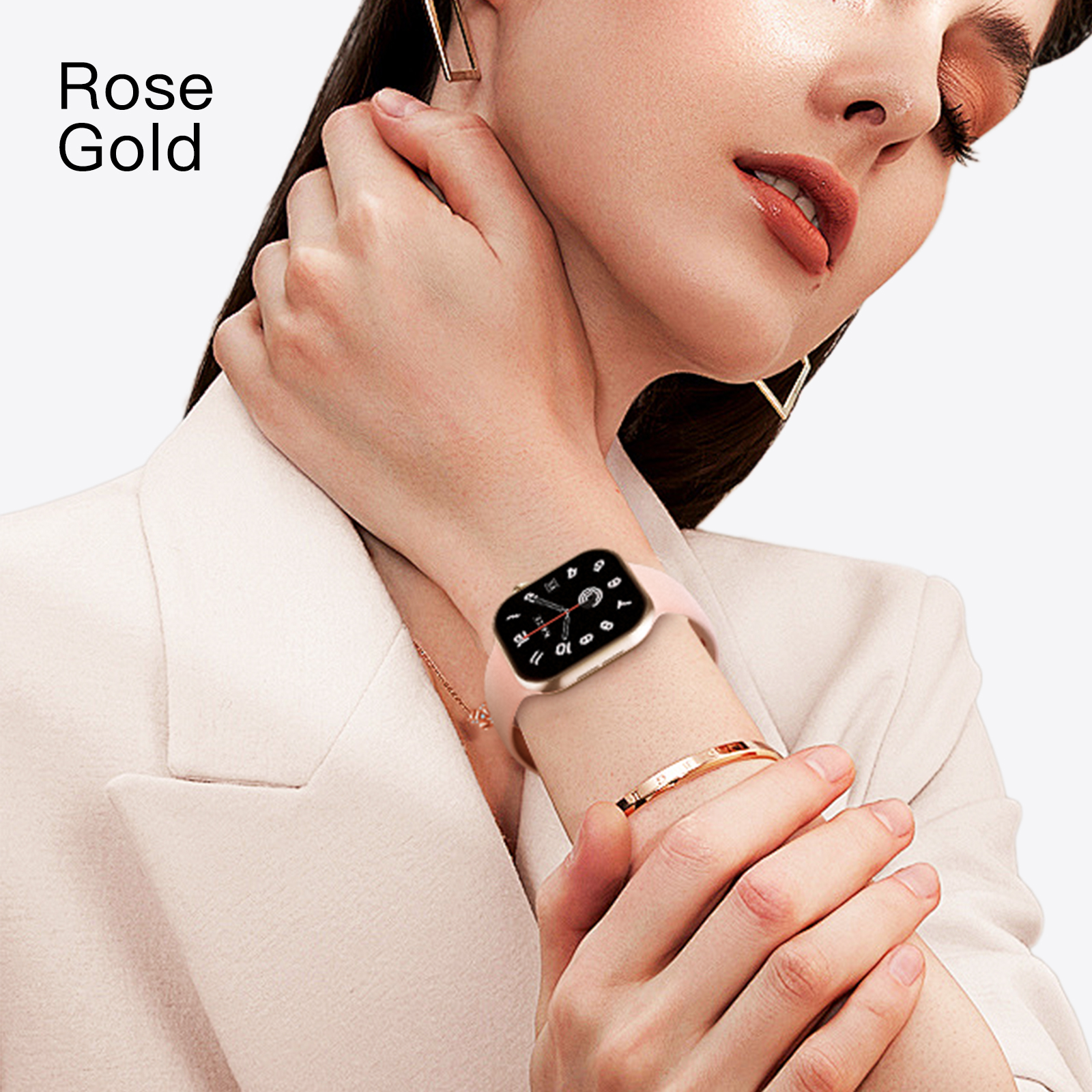 Picture of Rose Gold Watch 11mini fashionable smart watch, slim portable body for daily matching. Comes with 500+ free AI dials, dynamic island display and IP68 swim-proof. Supports message real-time sync, anti-car sickness, 24-hour vital signs tracking and global multi-language adaptation.
