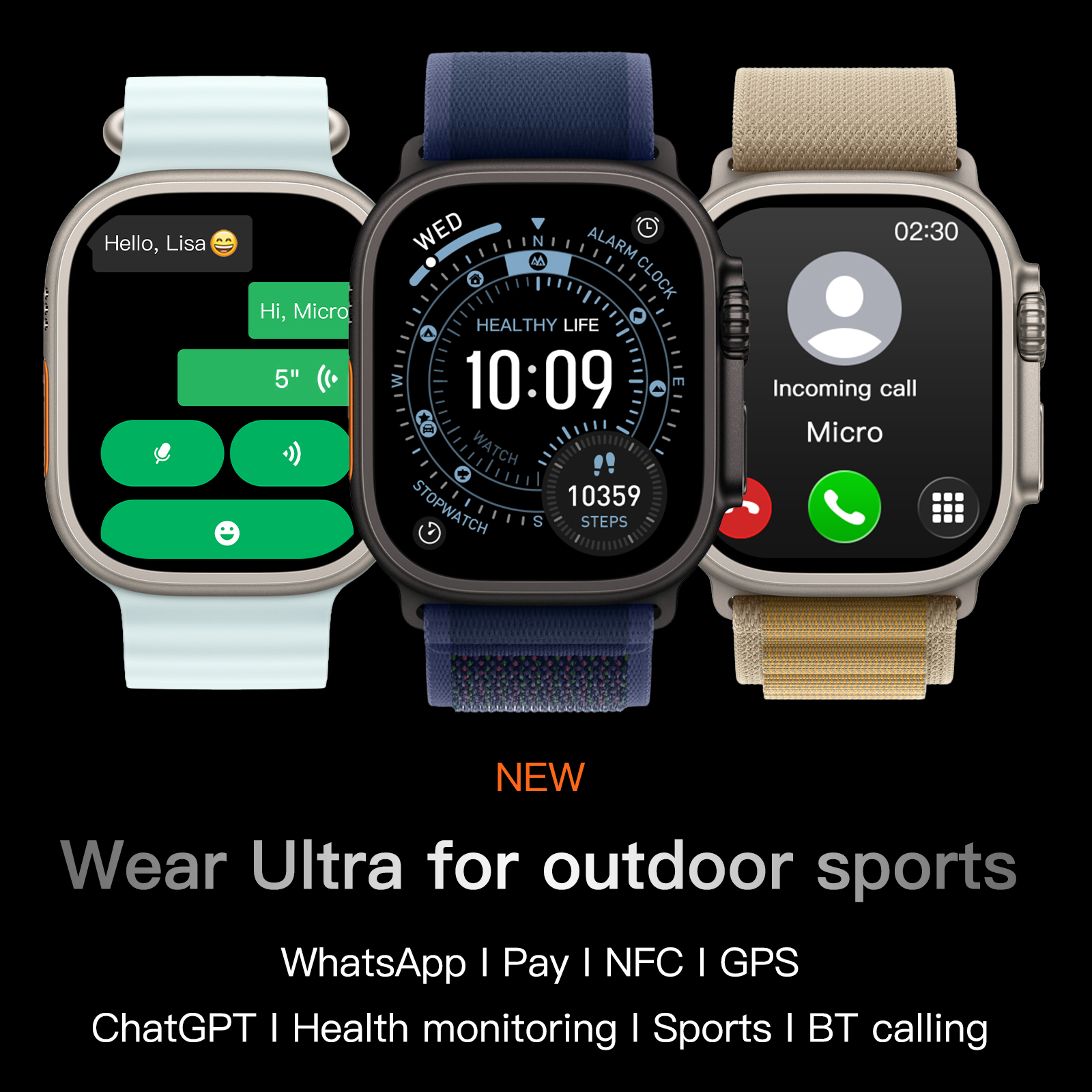 Picture of Samurai Black ULTRA 5 Plus Smart Watch features stunning AMOLED visual presentation. Powered by 350mAh high-capacity battery and dual Bluetooth 5.4/3.0, it supports Hey Michael offline voice, pinch answering, GPS sports tracking, 24H full health monitoring and multi-scene practical functions.