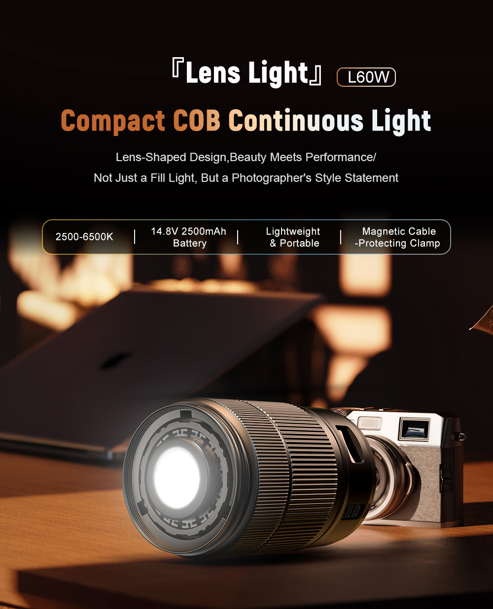 Dual-color temperature photography light, 60W high-power COB outdoor portable handheld shooting light, live streaming fill light view 2